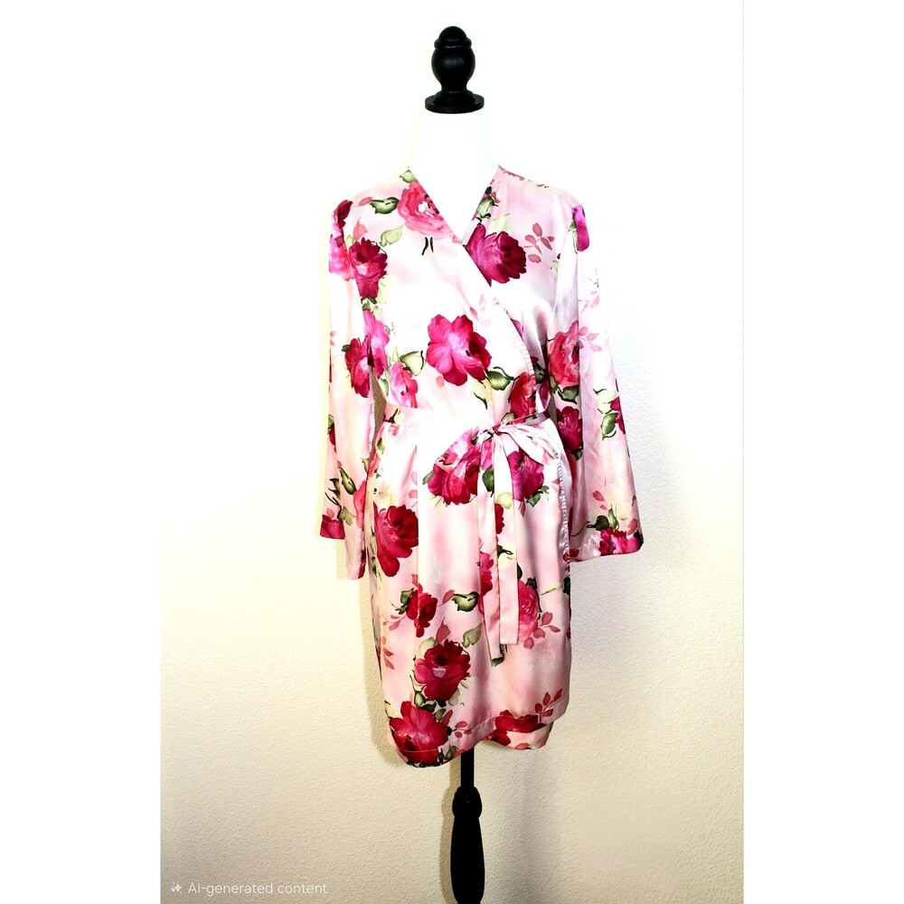 Fairycore MORGAN TAILOR Peignoir Robe Sz. L Pink Magenta Floral Satin 3/4 Sl #02